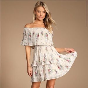 Beige Floral Ruffle Off-the-Shoulder Dress
